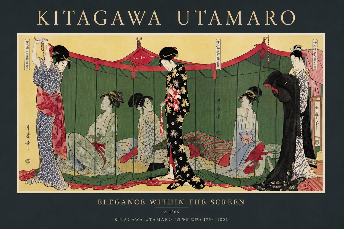 Kitagawa Utamaro Elegance Within the Screen No5 - Plakát
