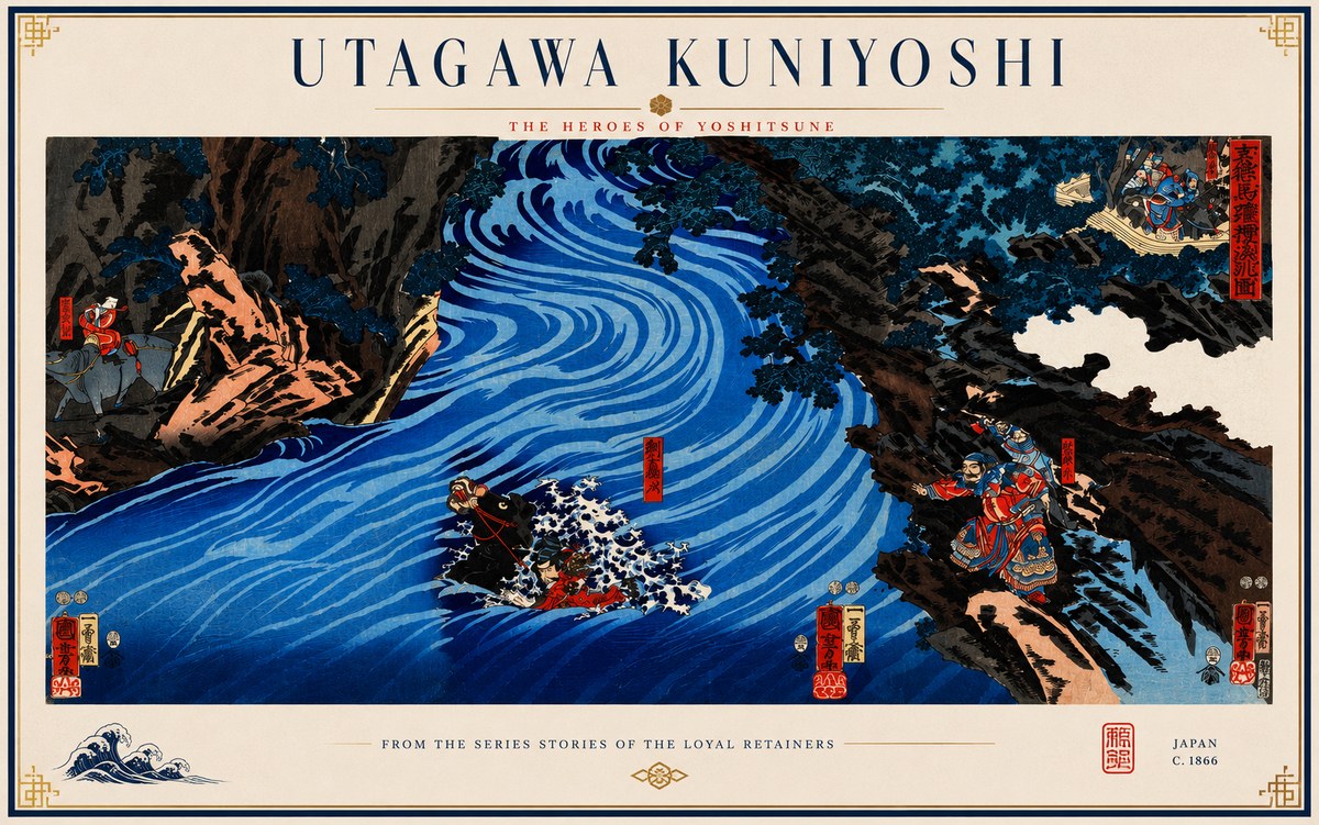 Utagawa Kuniyoshi The Heroes of Yoshitsune No3 - Plakát
