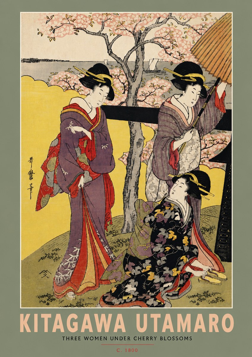 Kitagawa Utamaro Three Women Under Cherry Blossoms No4 - Plakát