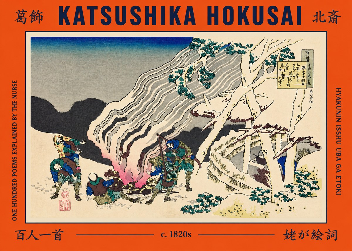 Katsushika Hokusai One Hundred Poems Explained by the Nurse (Hyakunin Isshu Uba Ga Etoki) No2 - Plakát