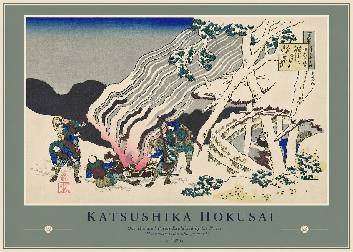 Katsushika Hokusai One Hundred Poems Explained by the Nurse (Hyakunin Isshu Uba Ga Etoki) No4 - Plakát