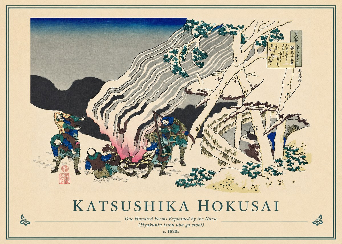 Katsushika Hokusai One Hundred Poems Explained by the Nurse (Hyakunin Isshu Uba Ga Etoki) No5 - Plakát