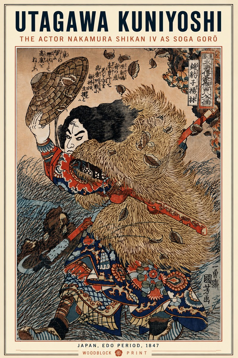 Utagawa Kuniyoshi The Actor Nakamura Shikan Iv as Soga Gorō No5 - Plakát