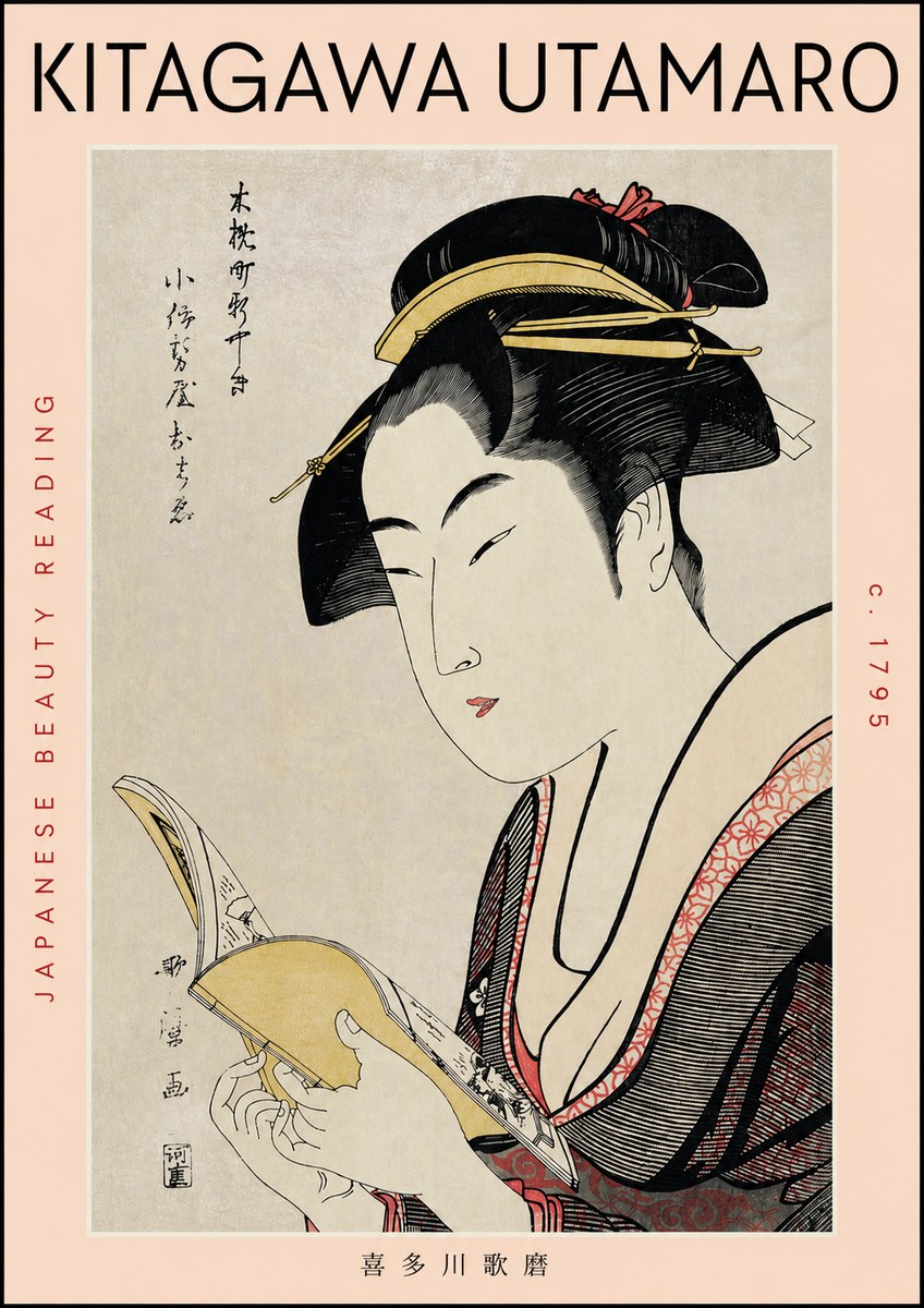 Kitagawa Utamaro Japanese Beauty Reading No3 - Plakát