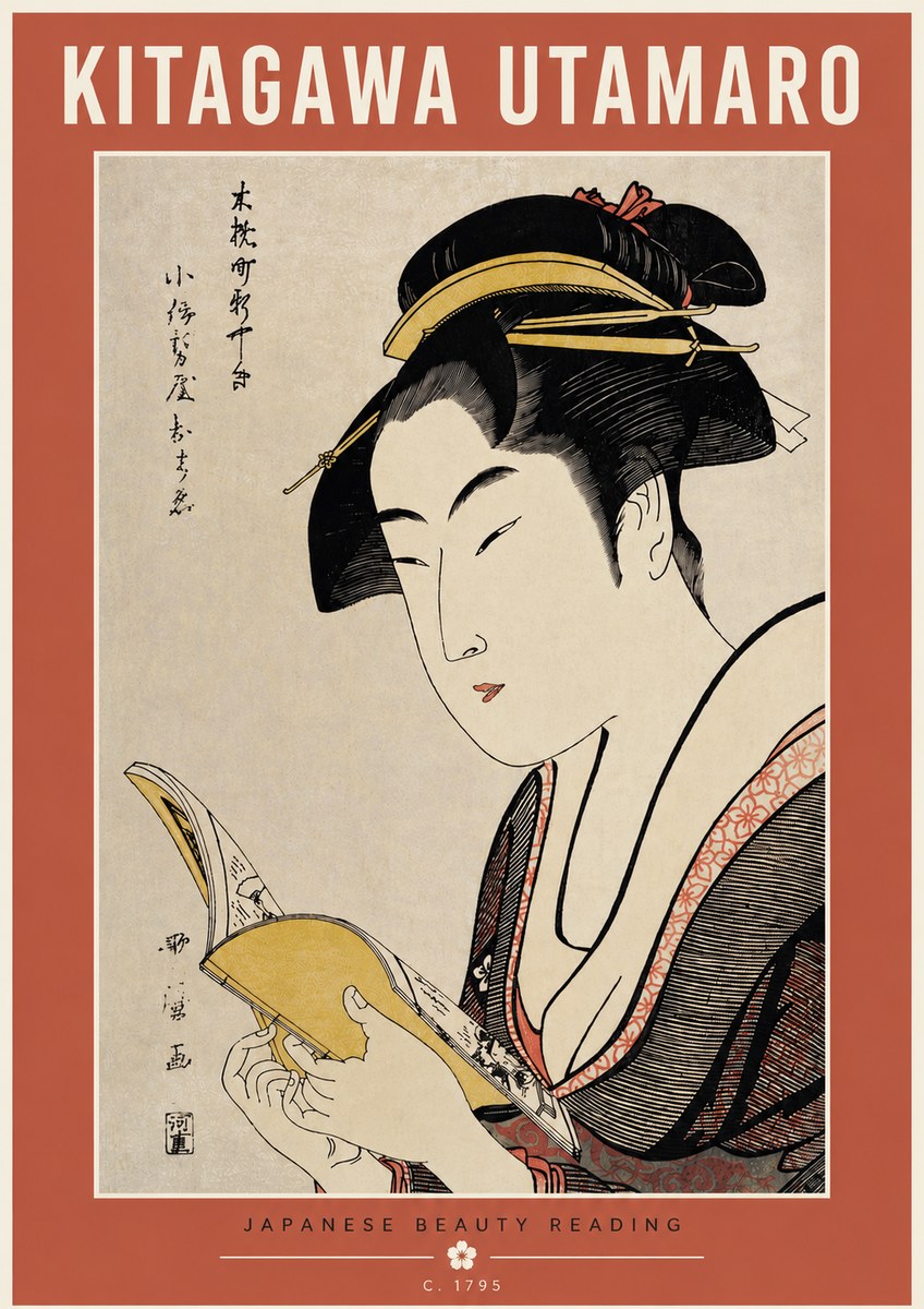 Kitagawa Utamaro Japanese Beauty Reading No5 - Plakát
