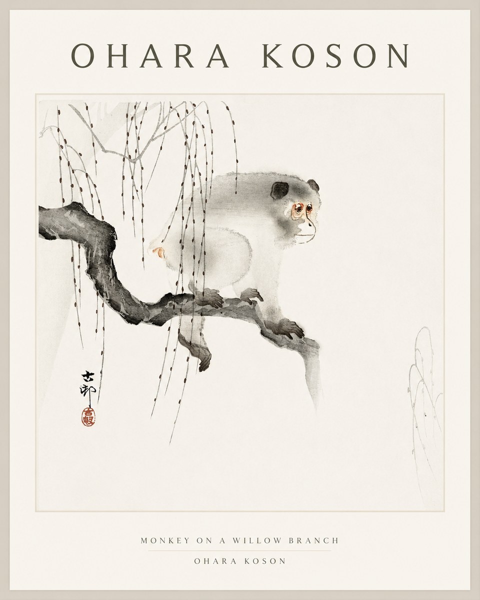 Ohara Koson Monkey on a Willow Branch No1 - Plakát