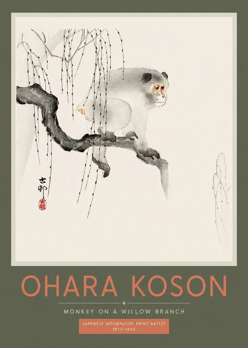Ohara Koson Monkey on a Willow Branch No2 - Plakát