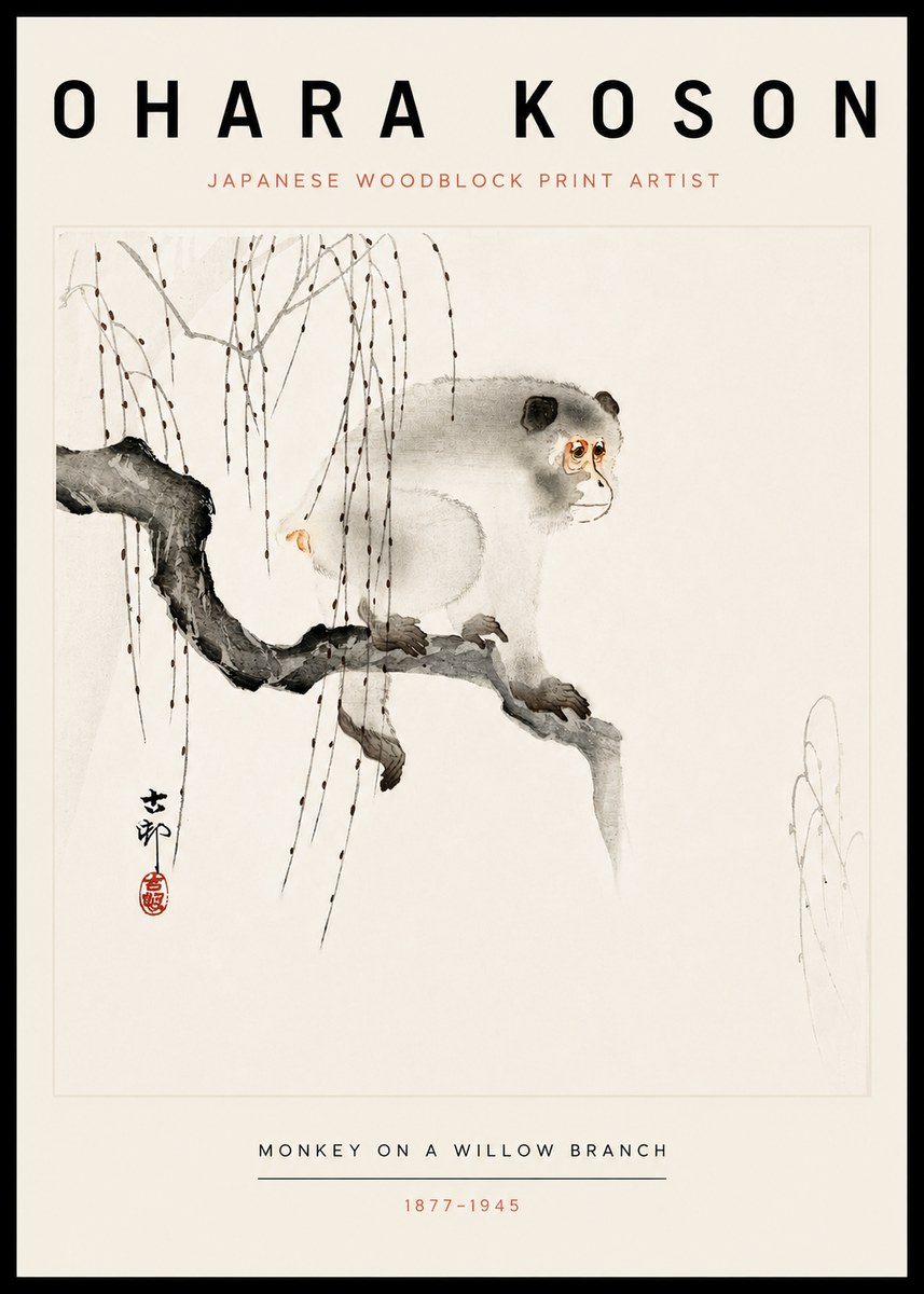 Ohara Koson Monkey on a Willow Branch No3 - Plakát