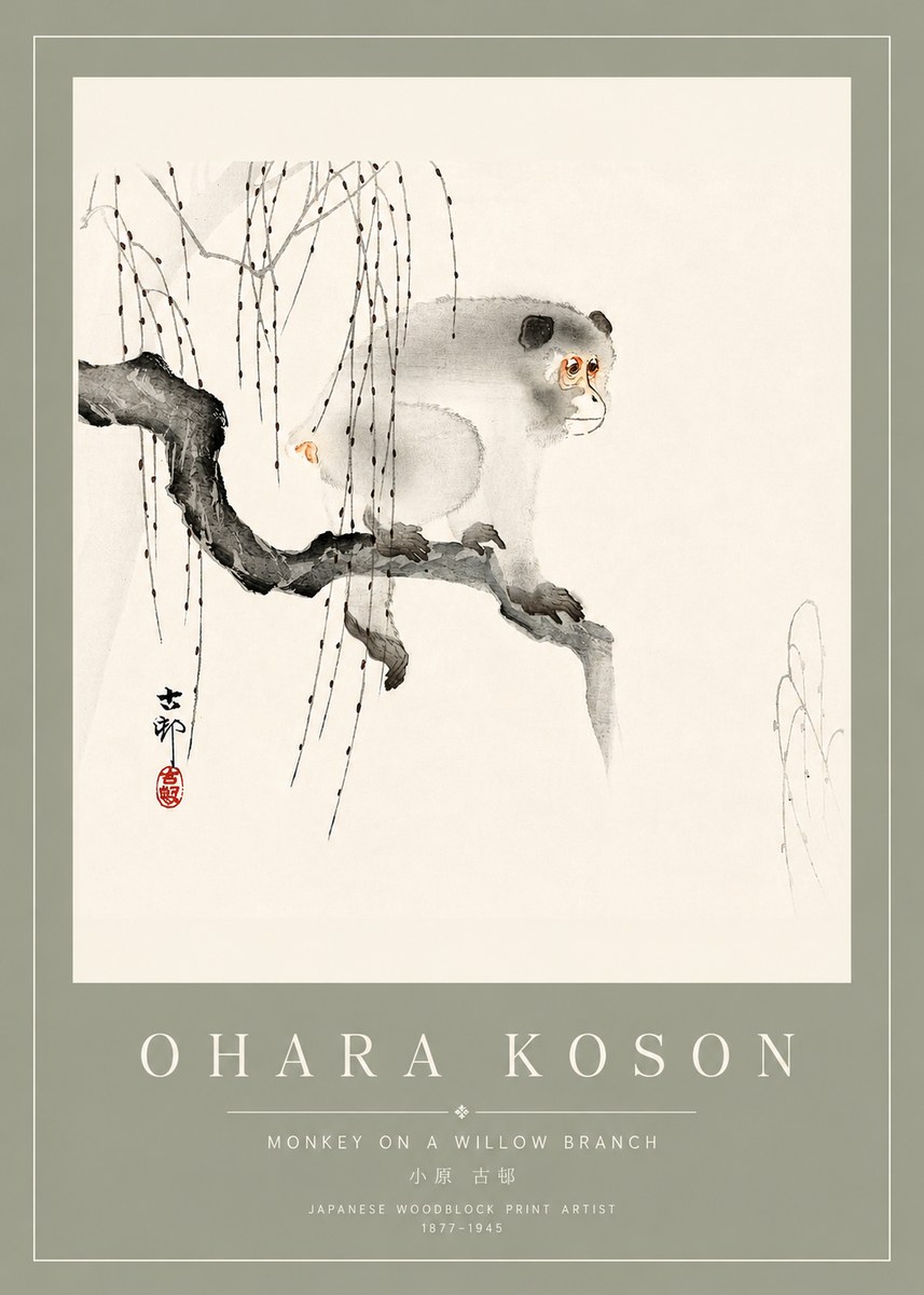Ohara Koson Monkey on a Willow Branch No4 - Plakát