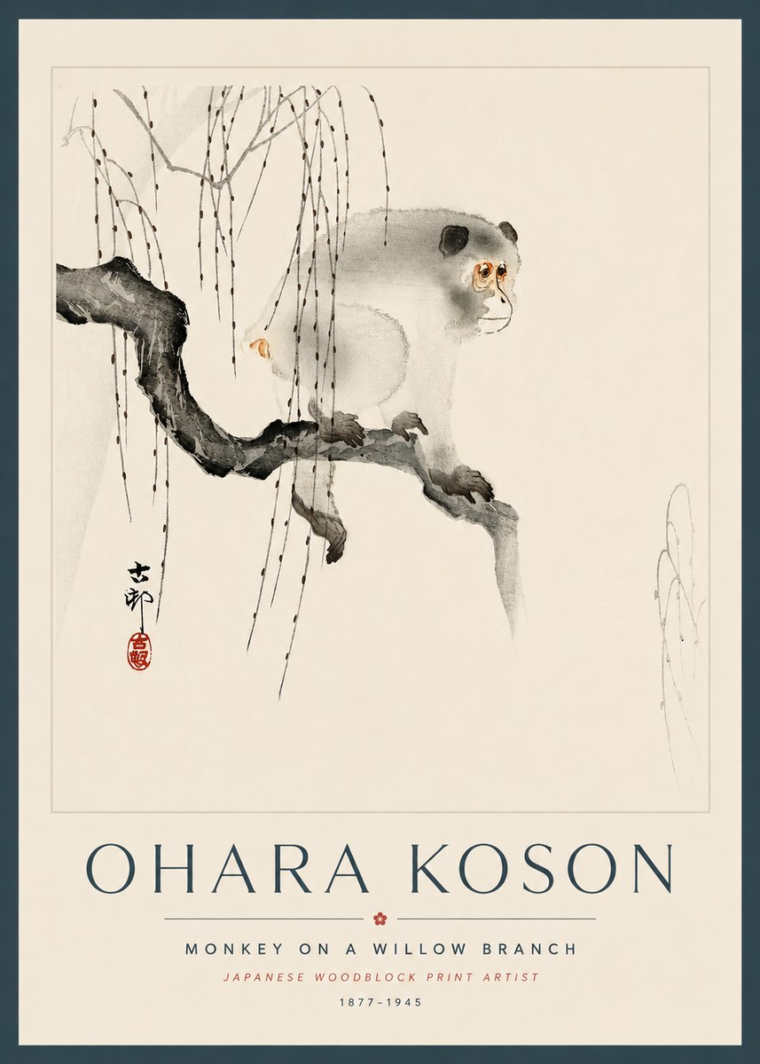 Ohara Koson Monkey on a Willow Branch No5 - Plakát