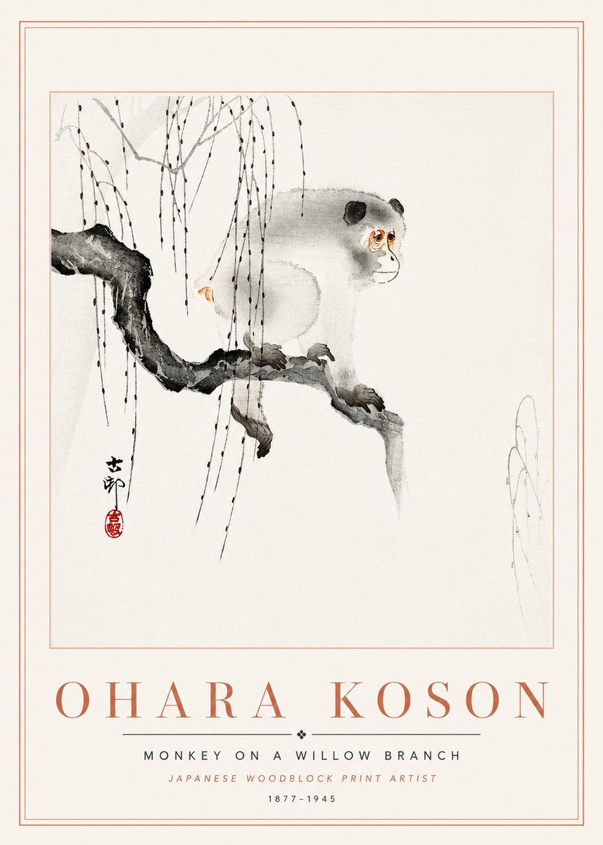 Ohara Koson Monkey on a Willow Branch No6 - Plakát