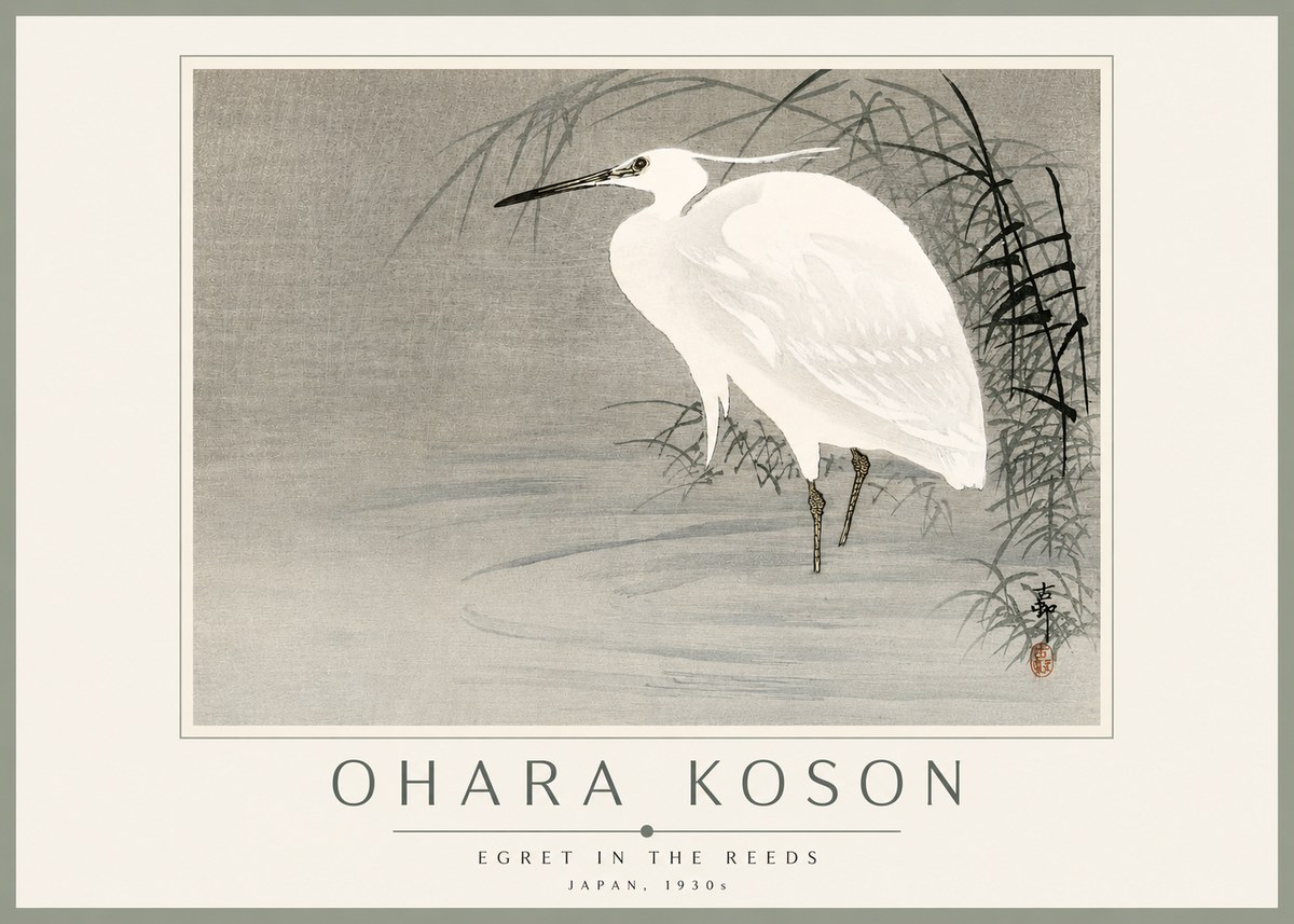 Ohara Koson Egret in the Reeds No3 - Plakát