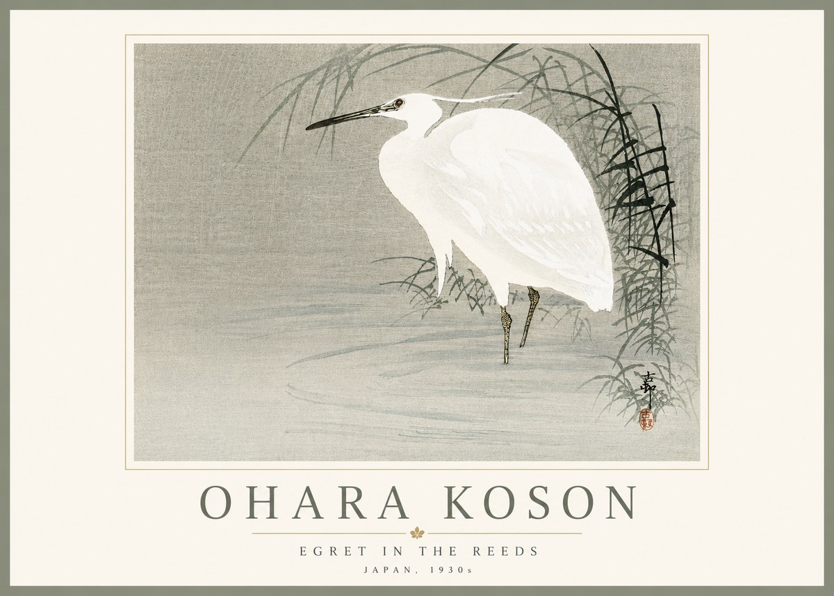 Ohara Koson Egret in the Reeds No5 - Plakát