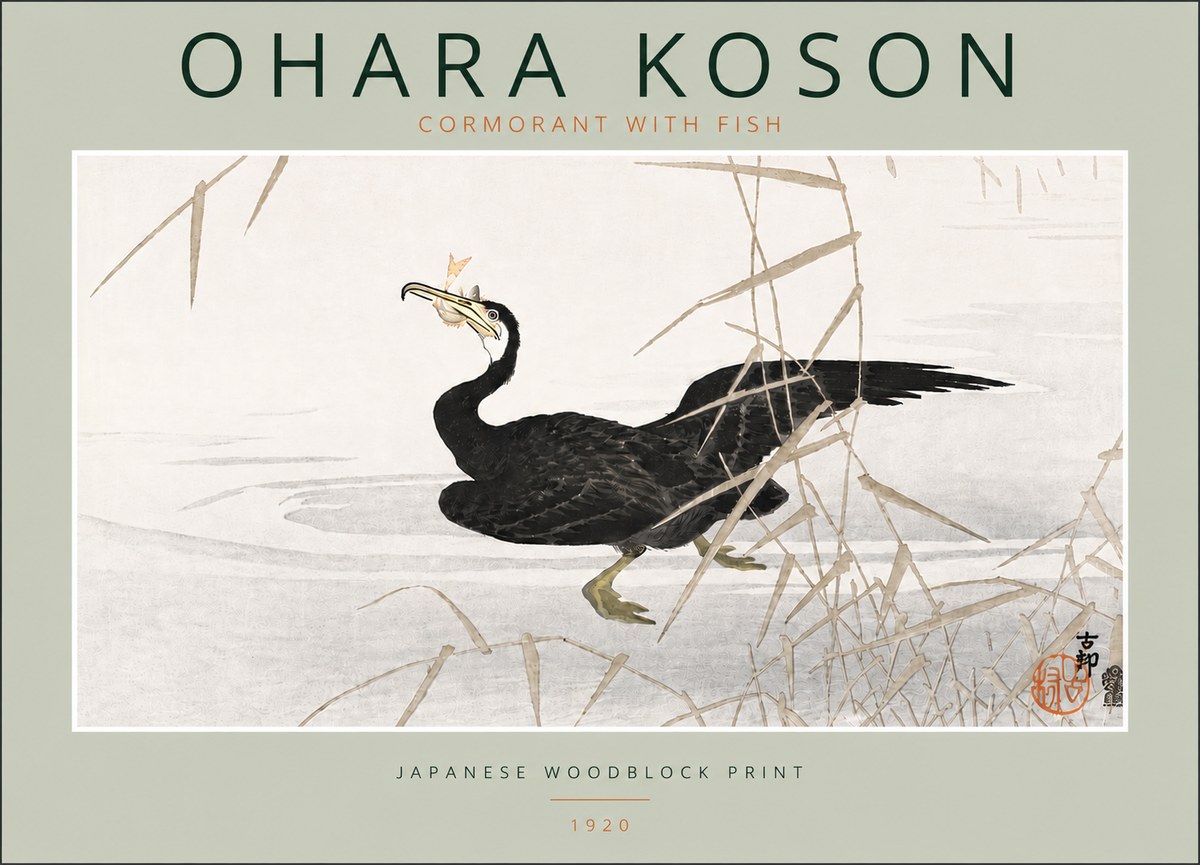 Ohara Koson Cormorant with Fish No5 - Plakát