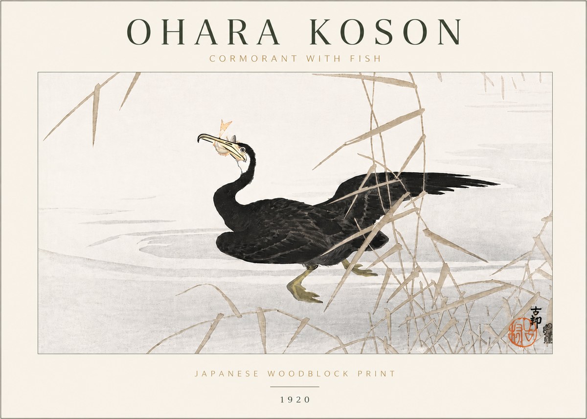 Ohara Koson Cormorant with Fish No6 - Plakát