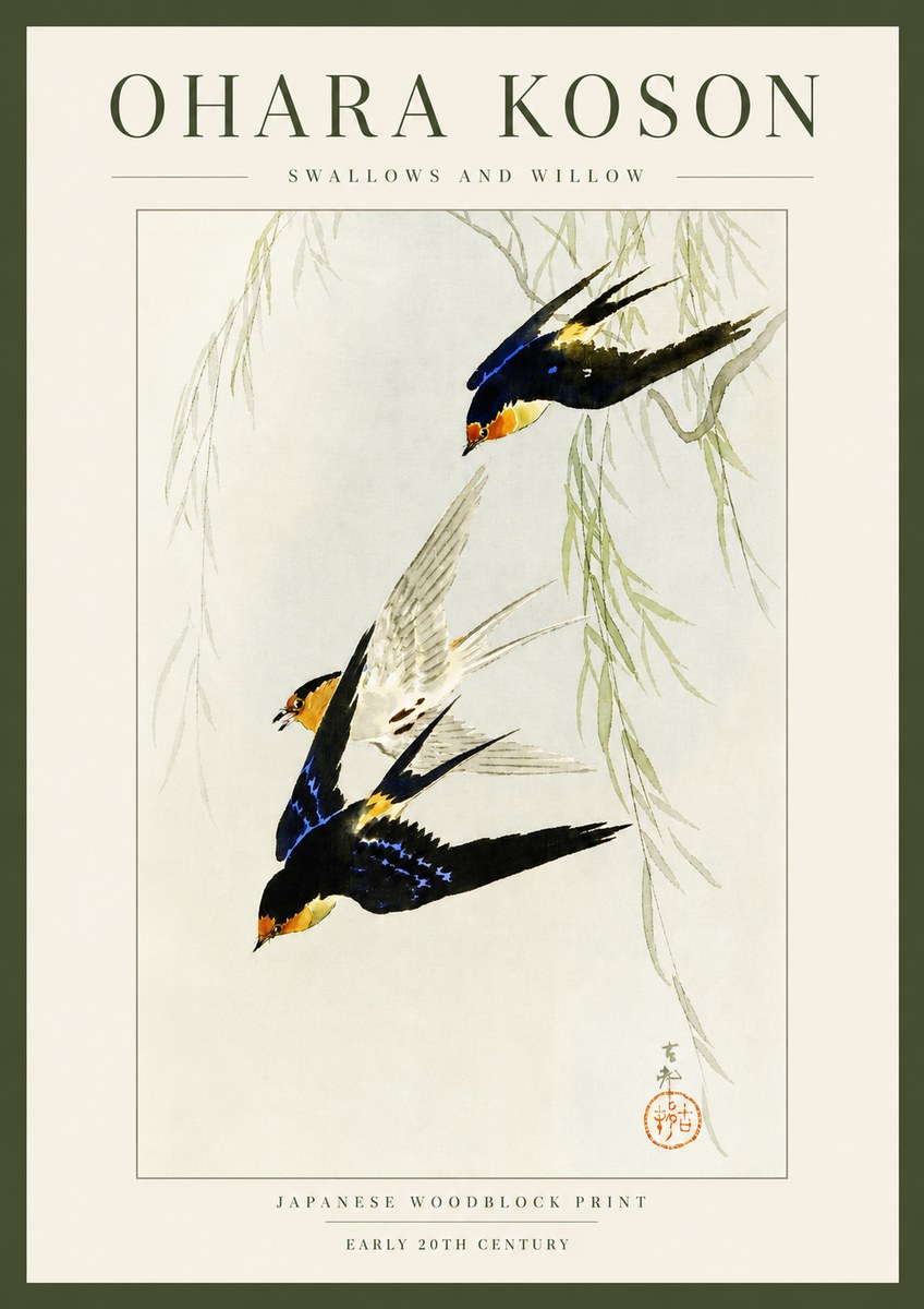 Ohara Koson Swallows and Willow I No3 - Plakát