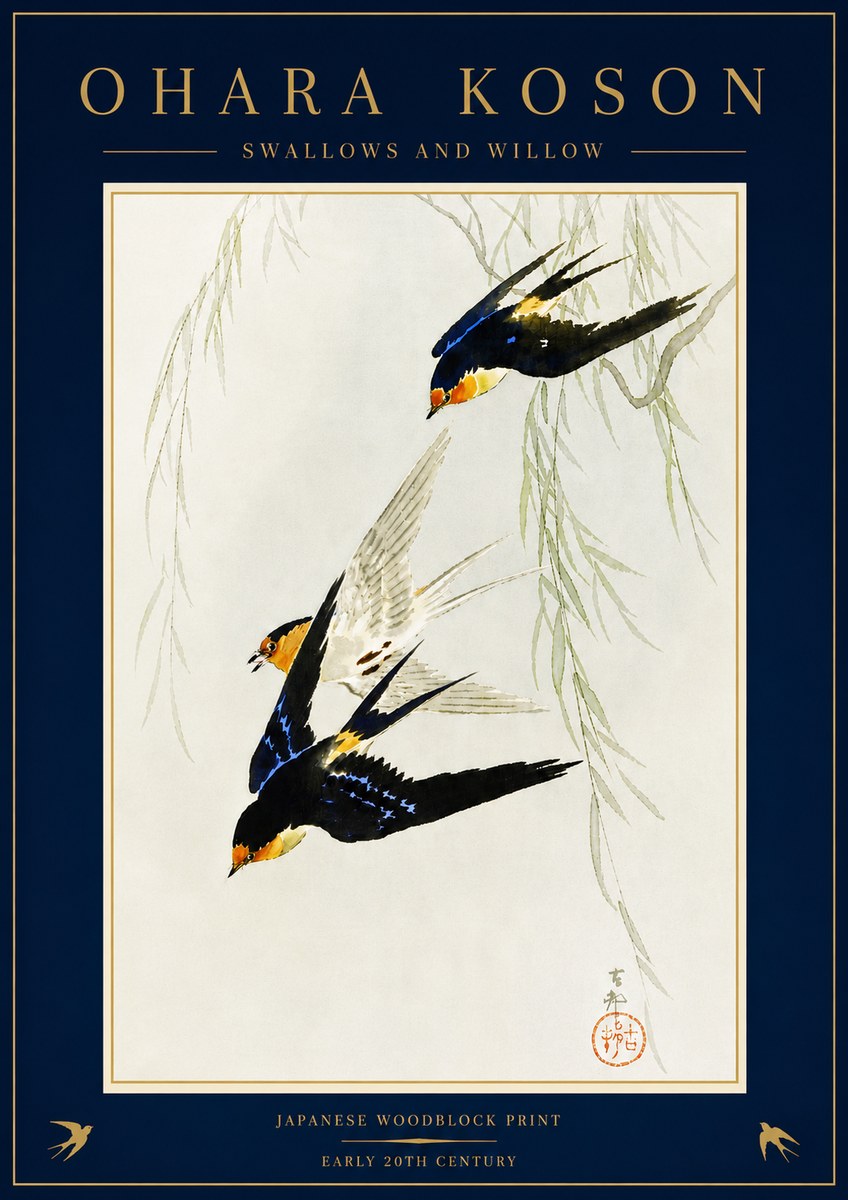 Ohara Koson Swallows and Willow I No5 - Plakát