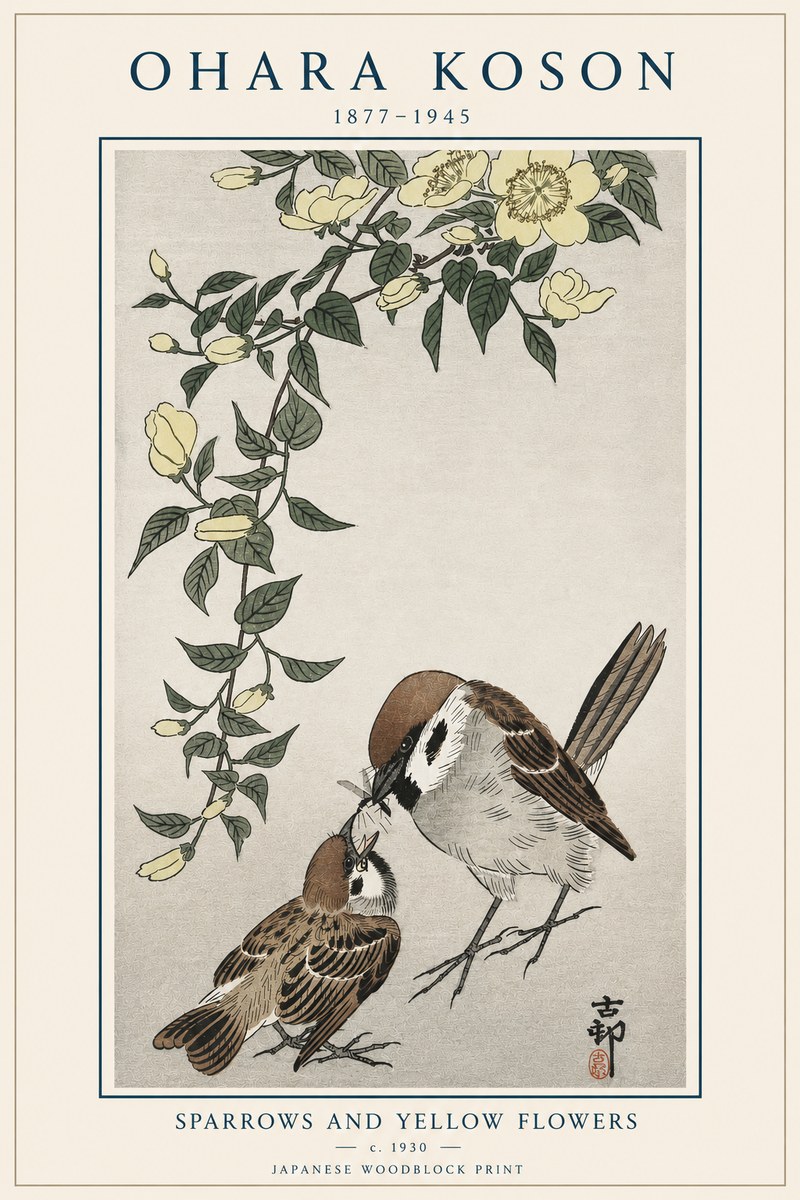 Ohara Koson Sparrows and Yellow Flowers No4 - Plakát