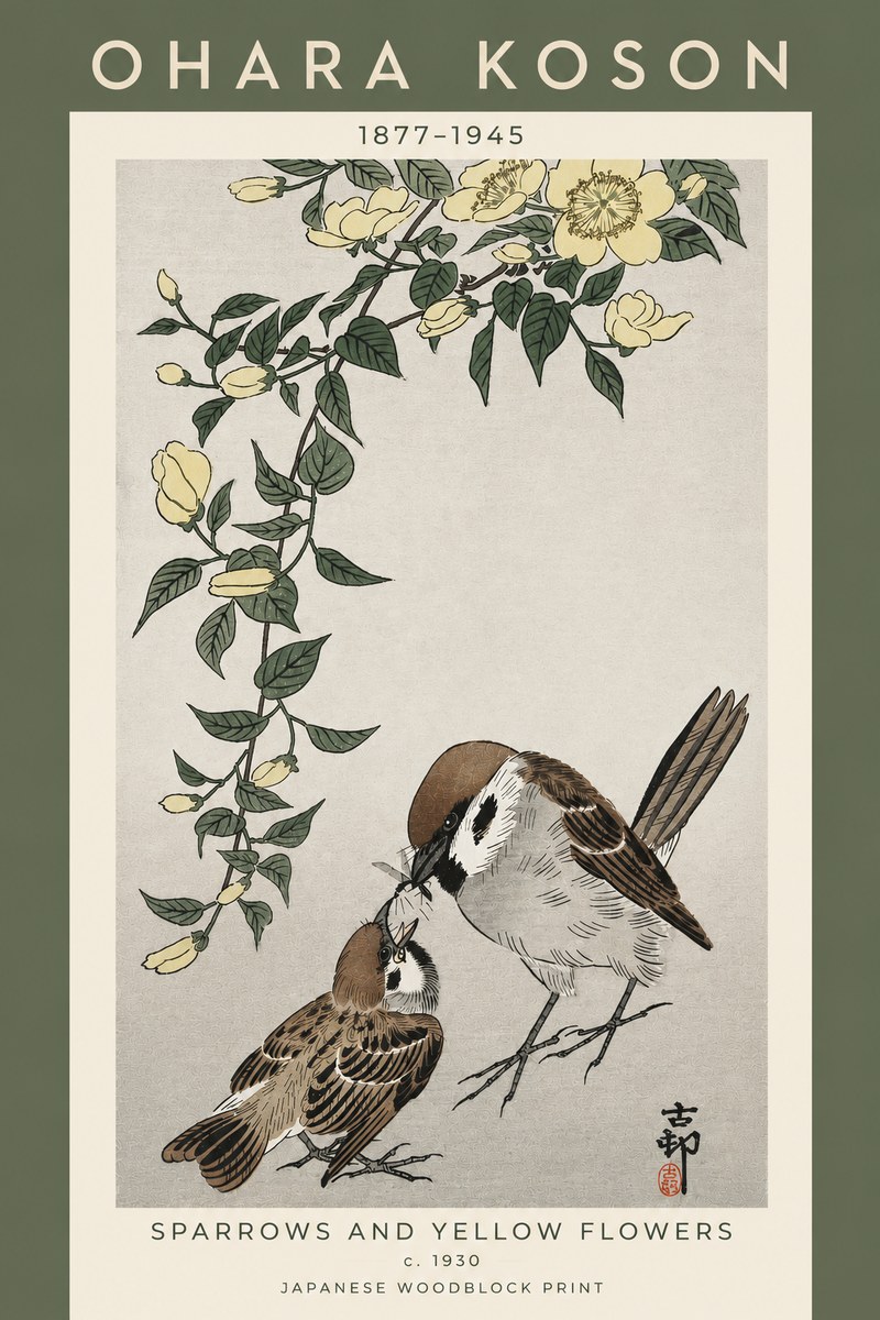 Ohara Koson Sparrows and Yellow Flowers No5 - Plakát