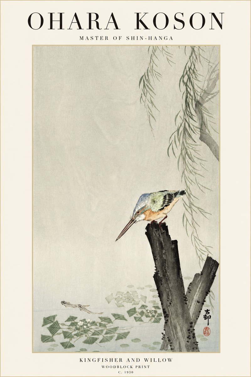 Ohara Koson Kingfisher and Willow No3 - Plakát