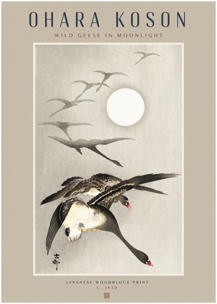 Ohara Koson Wild Geese in Moonlight I No2 - Plakát