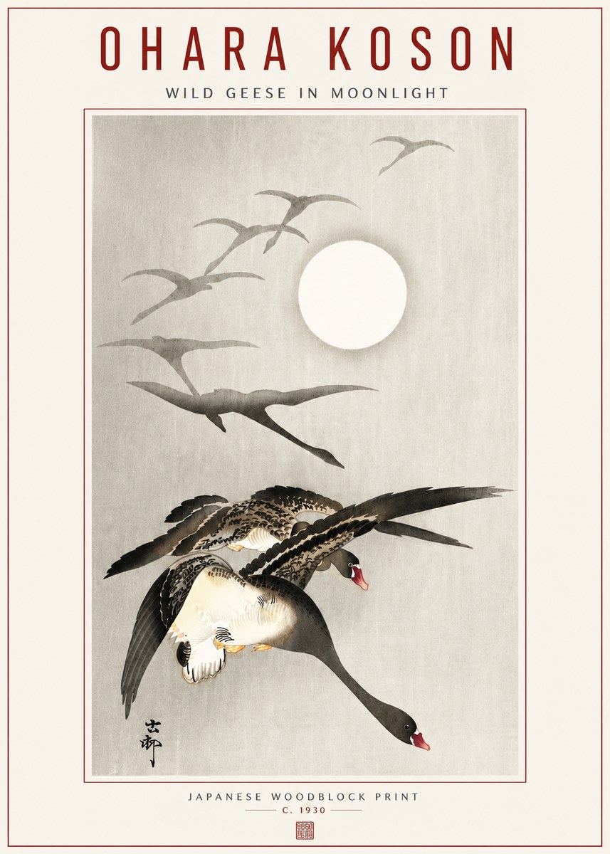 Ohara Koson Wild Geese in Moonlight I No5 - Plakát