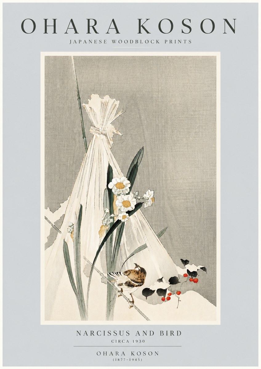 Ohara Koson Narcissus and Bird No6 - Plakát