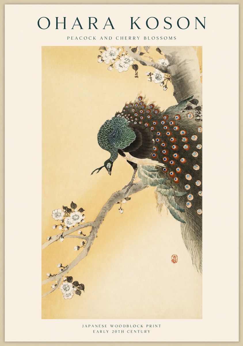 Ohara Koson Peacock and Cherry Blossoms No1 - Plakát