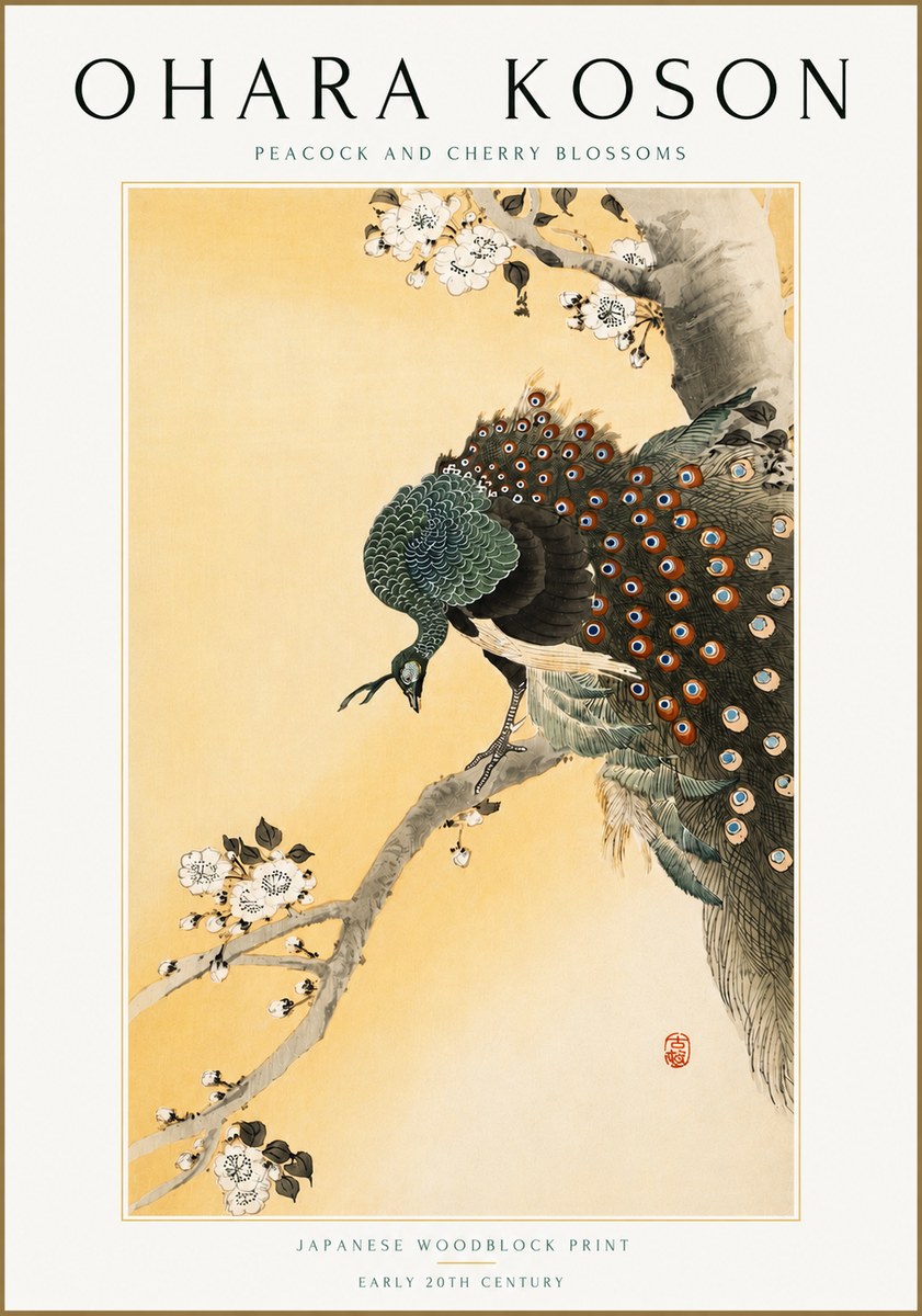 Ohara Koson Peacock and Cherry Blossoms No5 - Plakát