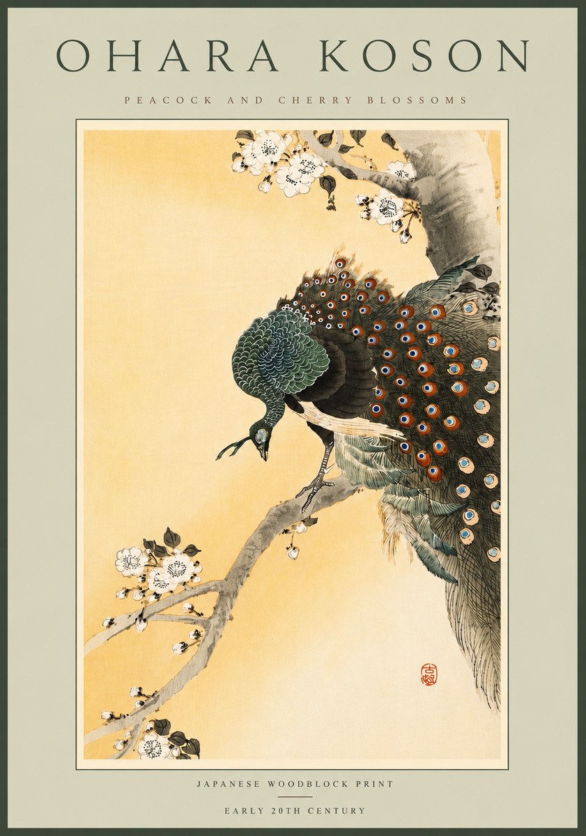 Ohara Koson Peacock and Cherry Blossoms No6 - Plakát