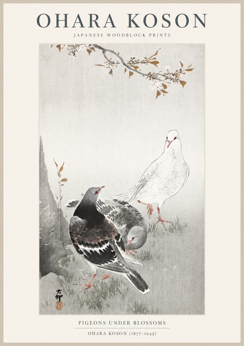 Ohara Koson Pigeons Under Blossoms No1 - Plakát