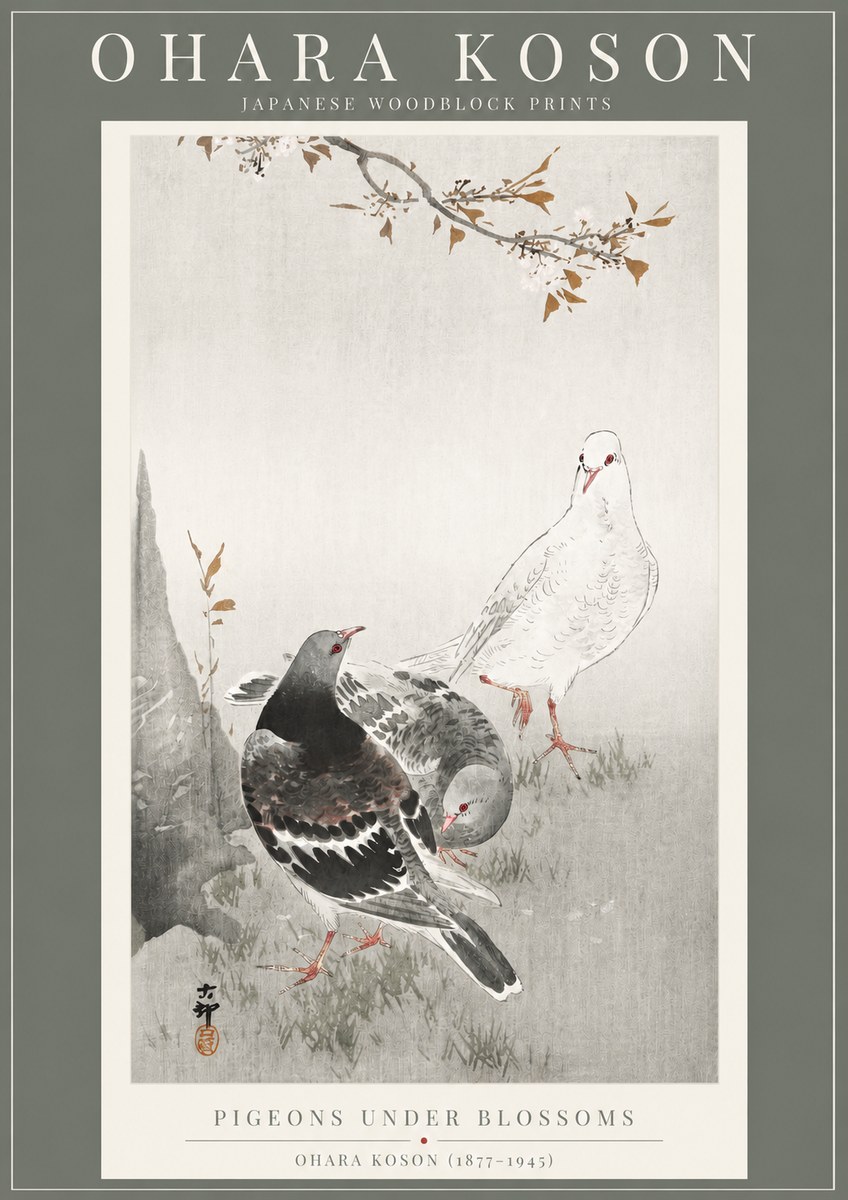 Ohara Koson Pigeons Under Blossoms No2 - Plakát
