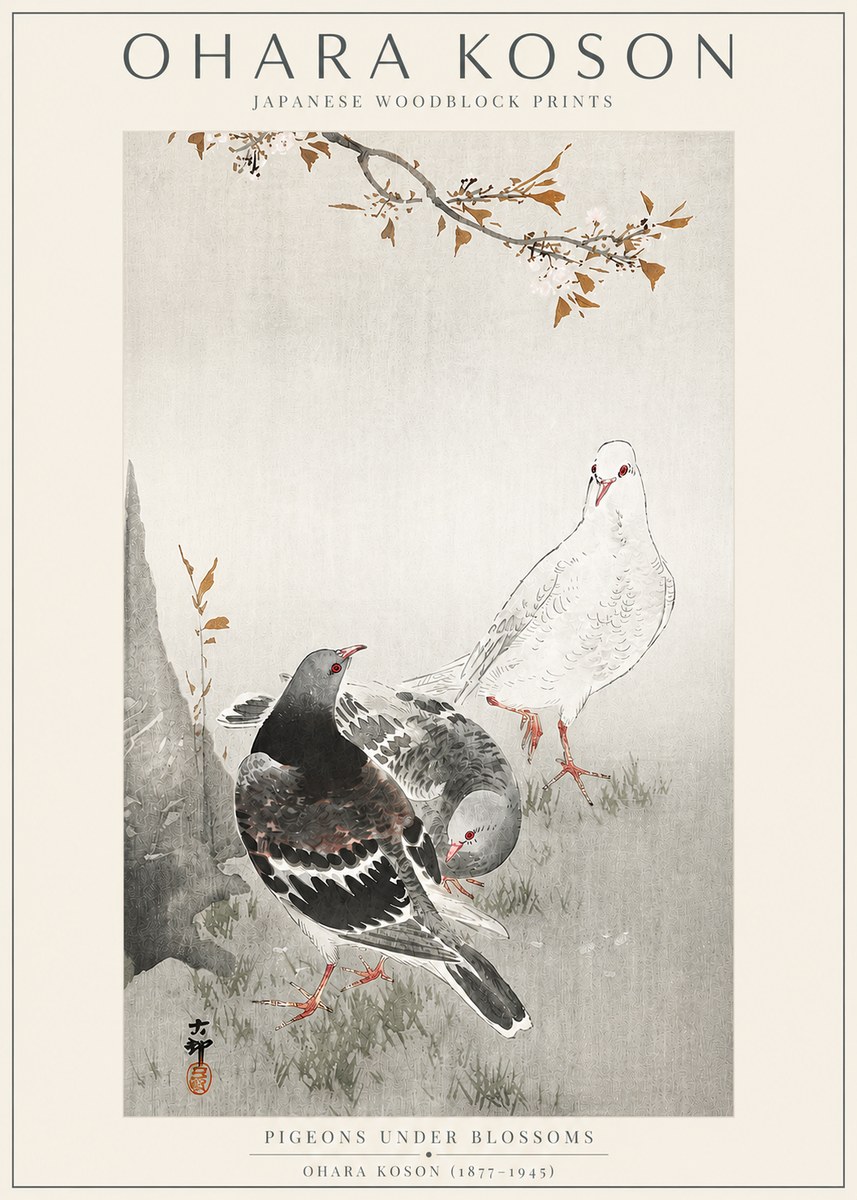 Ohara Koson Pigeons Under Blossoms No3 - Plakát