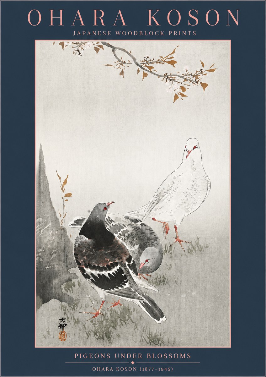 Ohara Koson Pigeons Under Blossoms No4 - Plakát