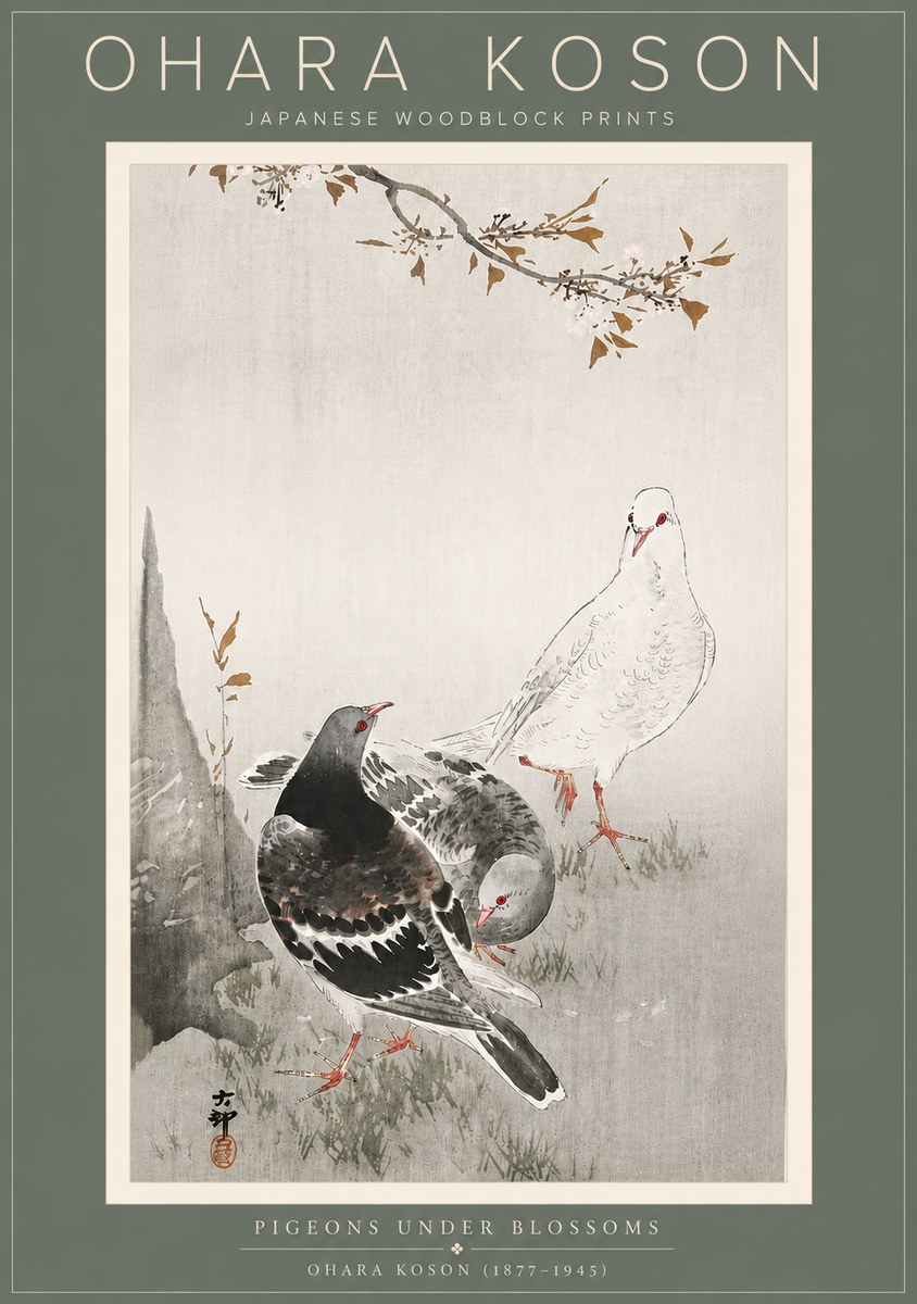 Ohara Koson Pigeons Under Blossoms No5 - Plakát