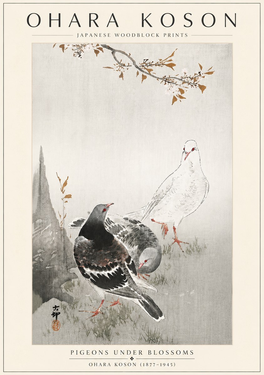 Ohara Koson Pigeons Under Blossoms No6 - Plakát