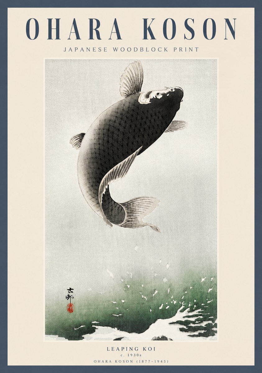 Ohara Koson Leaping Koi II No3 - Plakát
