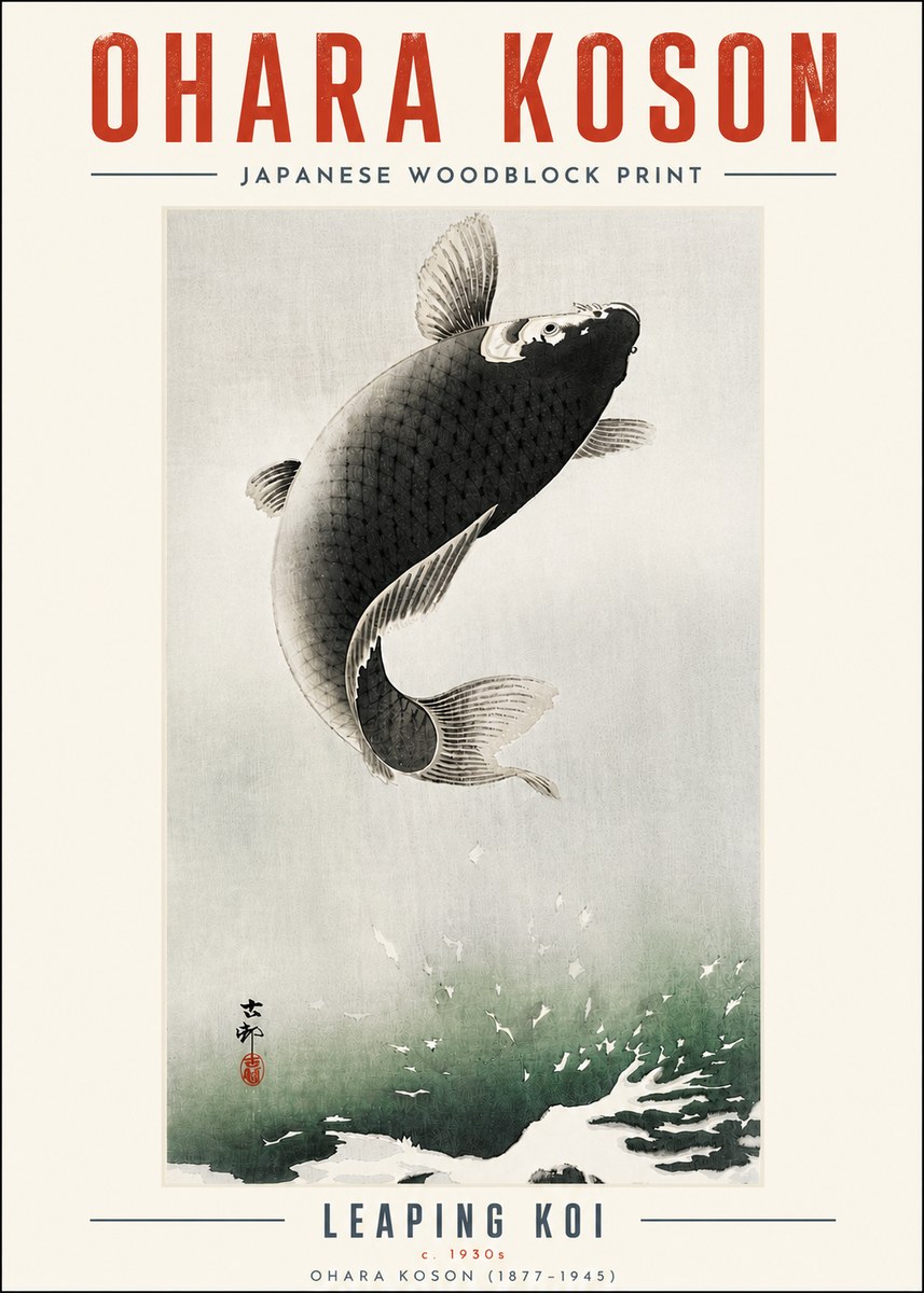 Ohara Koson Leaping Koi II No5 - Plakát
