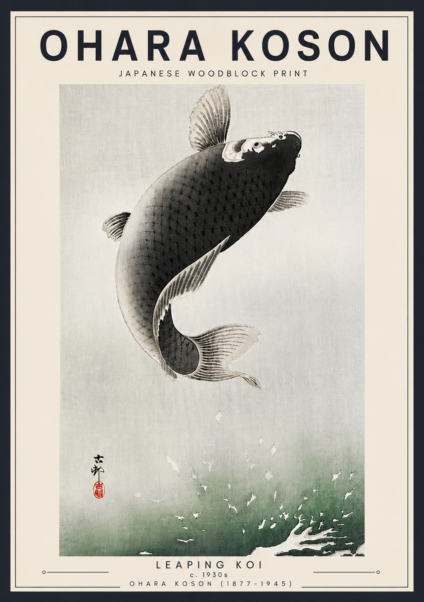Ohara Koson Leaping Koi II No6 - Plakát