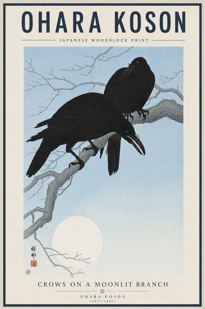 Ohara Koson Crows on a Moonlit Branch No5 - Plakát