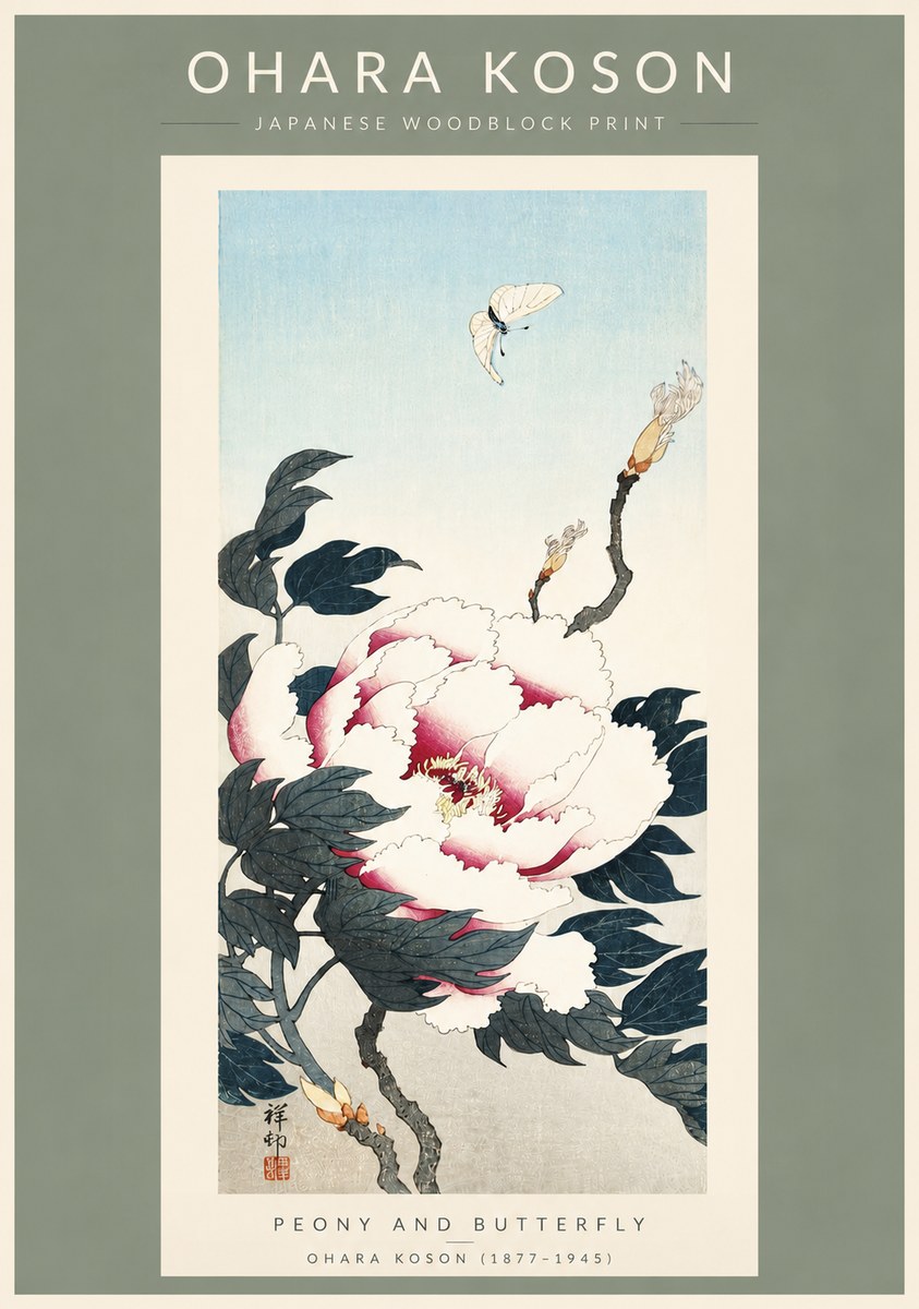 Ohara Koson Peony and Butterfly No3 - Plakát