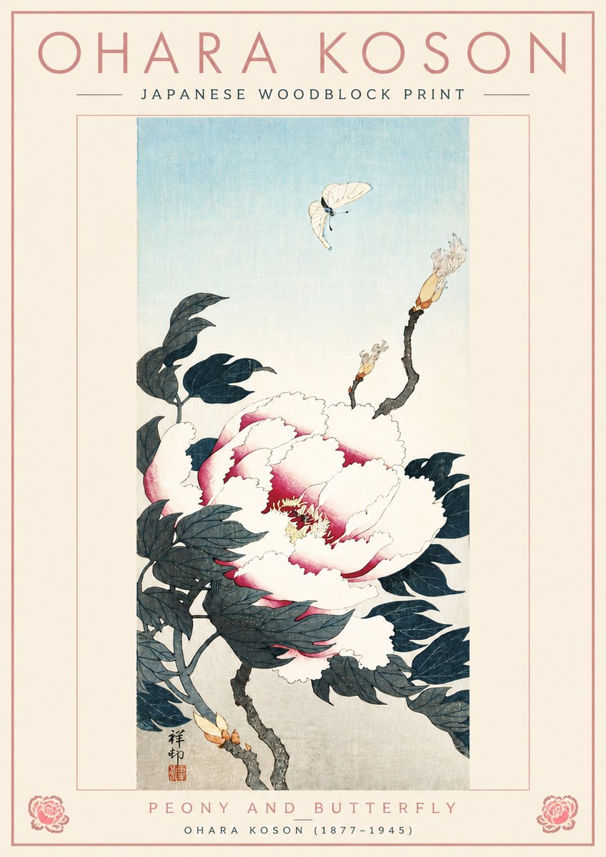 Ohara Koson Peony and Butterfly No4 - Plakát