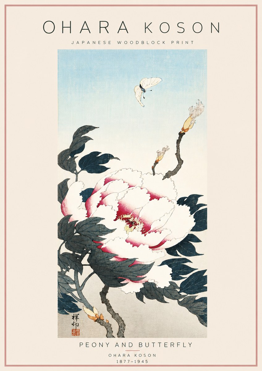 Ohara Koson Peony and Butterfly No6 - Plakát