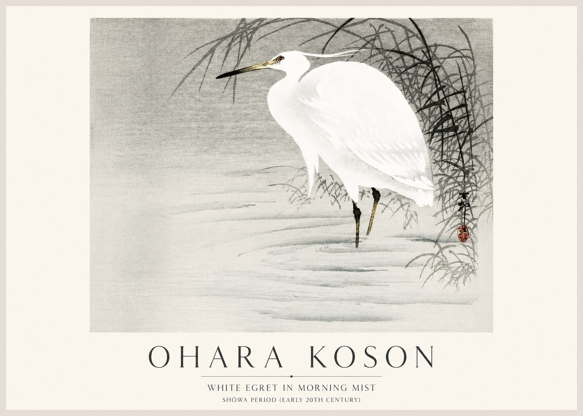 Ohara Koson White Egret in Morning Mist No1 - Plakát