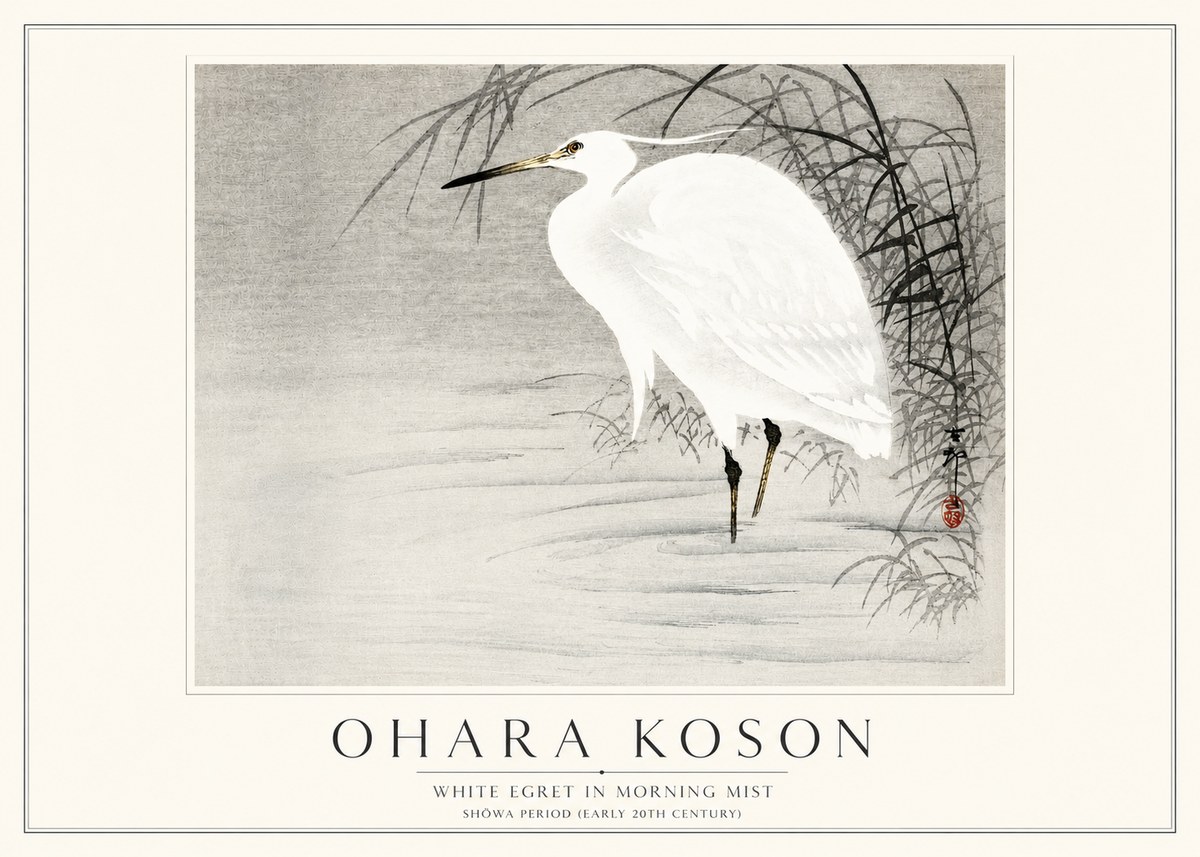 Ohara Koson White Egret in Morning Mist No3 - Plakát