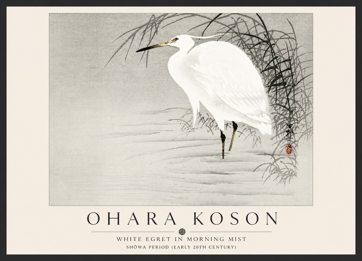 Ohara Koson White Egret in Morning Mist No5 - Plakát