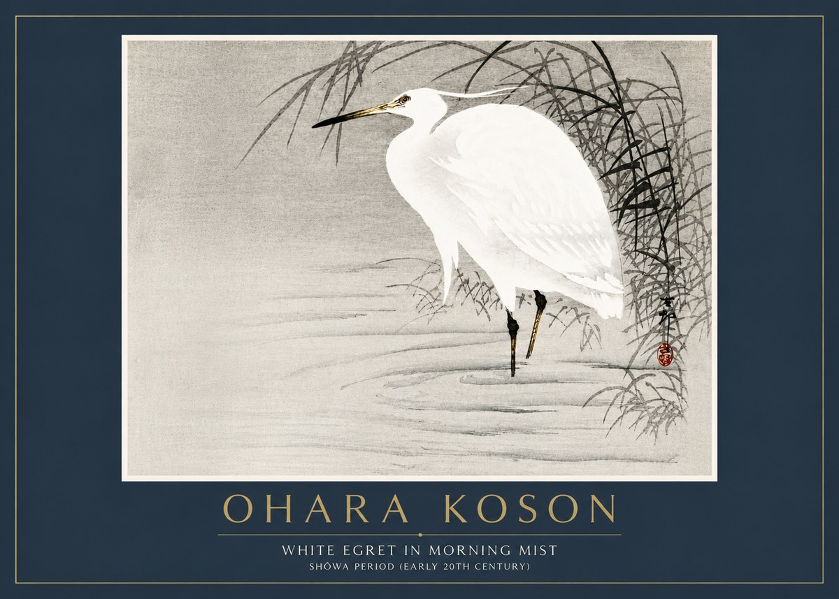 Ohara Koson White Egret in Morning Mist No6 - Plakát