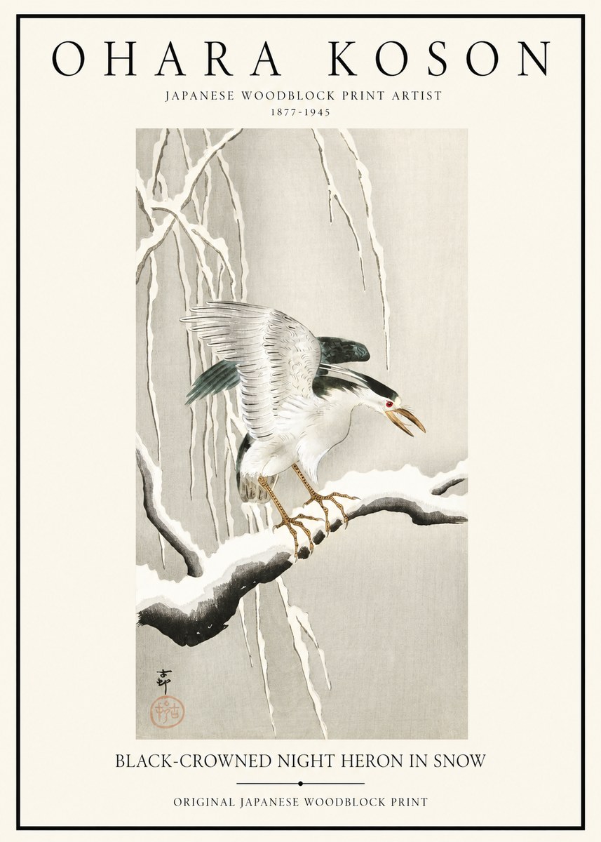 Ohara Koson Black-crowned Night Heron in Snow No1 - Plakát