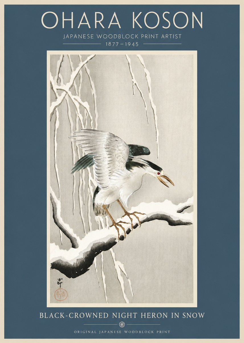 Ohara Koson Black-crowned Night Heron in Snow No2 - Plakát