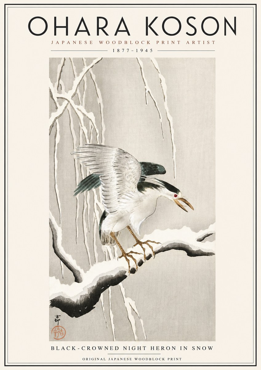 Ohara Koson Black-crowned Night Heron in Snow No3 - Plakát